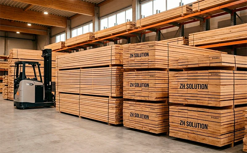 Professional wood materials warehouse — certified timber with ZH Solution branding